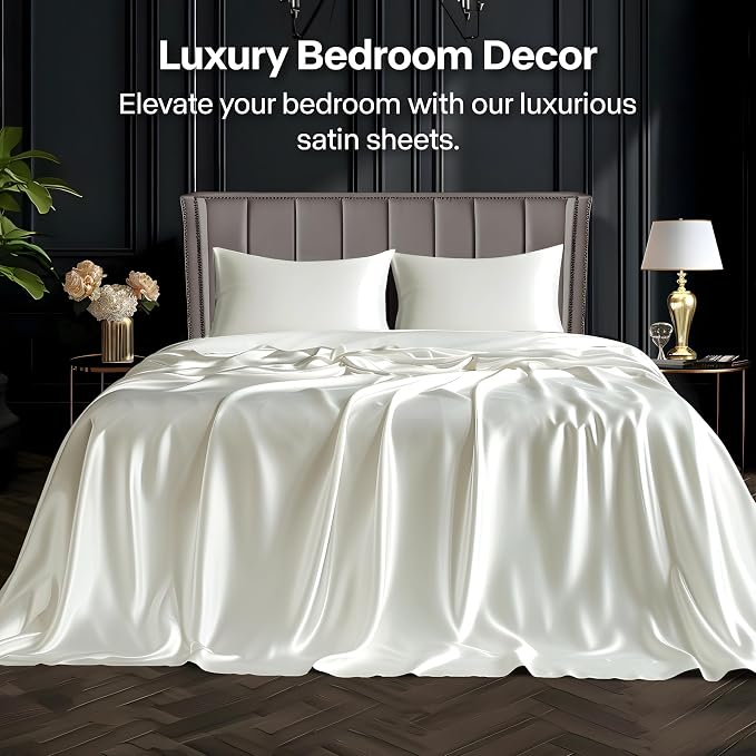BEDELITE Satin Sheets Twin XL Size Bed Set, Luxury Soft Ivory White Silky Sheets - Image 2