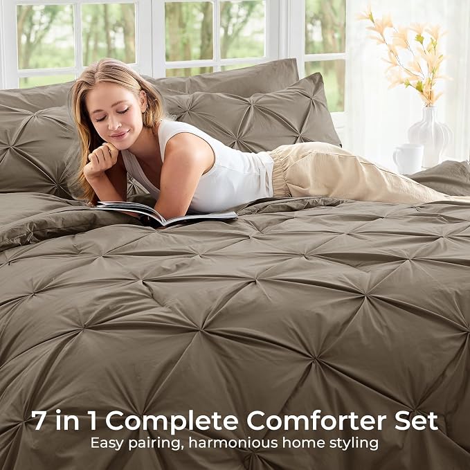Sasttie California King Comforter Set, 7-Piece Bed in a Bag Cal King, Pintuck - Image 6