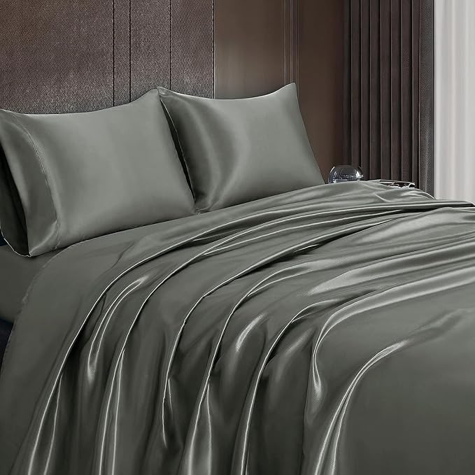 Homiest Dark Grey Satin Flat Sheet King Size, Luxury & Ultra Soft Bedding - Image 6
