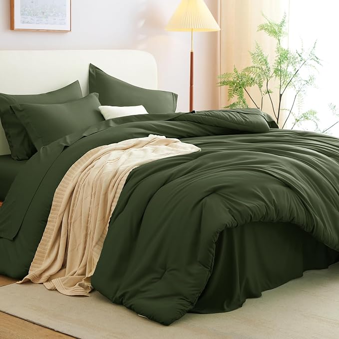 CozyLux Oversized Queen Comforter Set Olive Green, 7 Pieces Bed in a Bag - Image 8