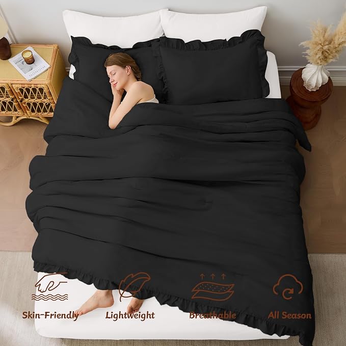 FUANNA Queen Comforter Set Black, 3 Pieces Ruffle Queen Bed Set, Fluffy Bed in - Image 2