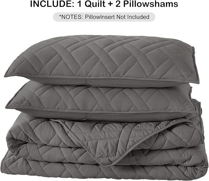 HORIMOTE HOME Quilt Set King Size Grey, Classic Geometric Diamond Stitched - Image 7