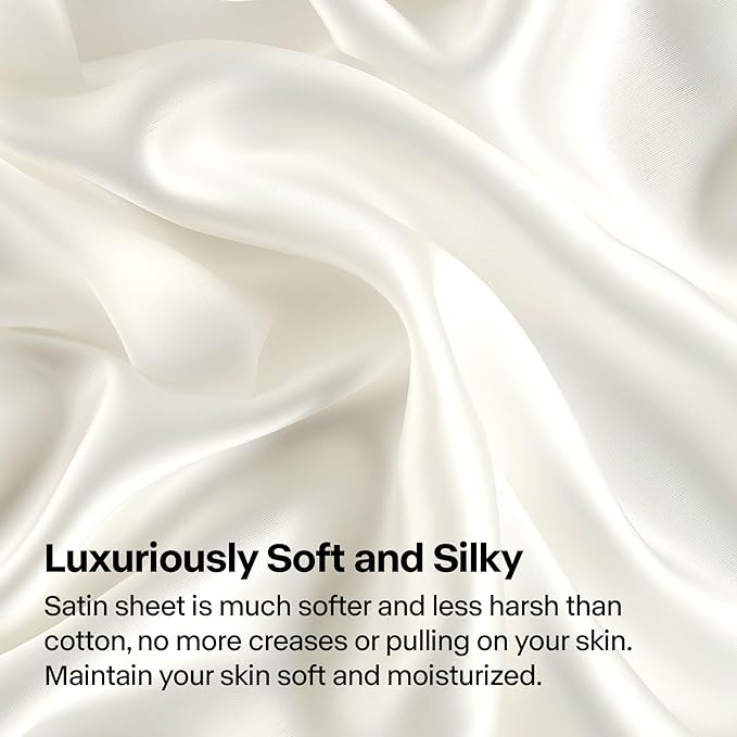 BEDELITE Satin Sheets Twin Size Bed Set, Luxury Soft Ivory White Silky Sheets - Image 3