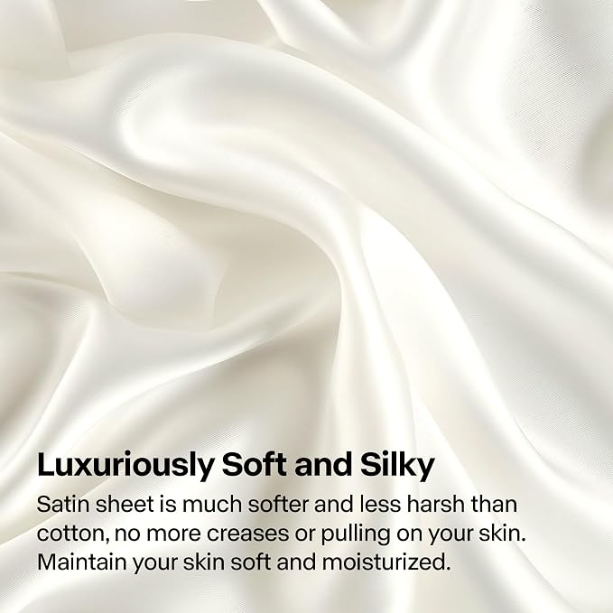 BEDELITE Satin Sheets Full Size Bed Set, Luxury Soft Ivory White Silky Sheet - Image 3