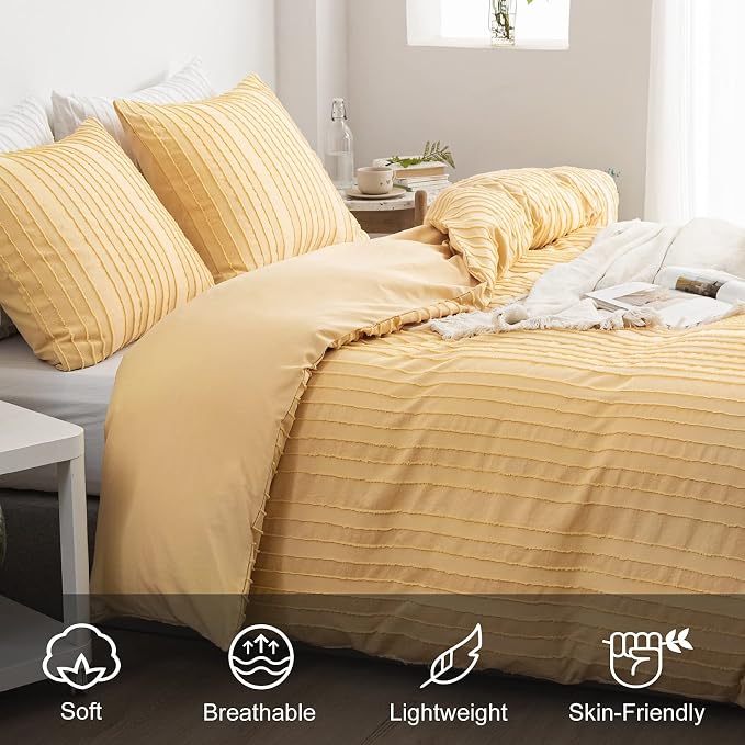 WARMDERN Yellow Boho Duvet Cover, Striped Textured Duvet Cover Tufted Bedding - Image 3