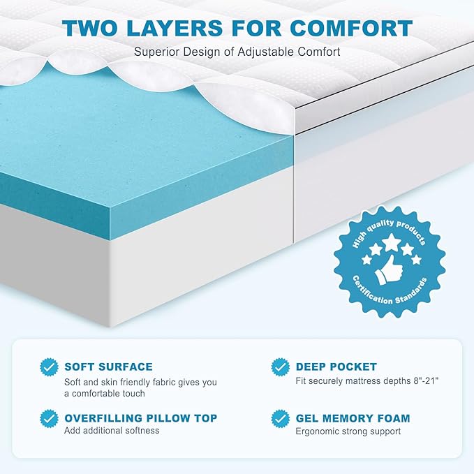 MASVIS King Size Dual Layer 4 Inch Memory Foam Mattress Topper, 2 Inch Gel - Image 2