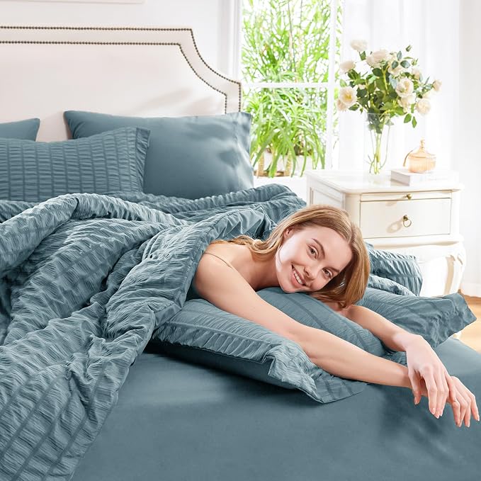 CozyLux Oversized King Comforter Set Mineral Blue Seersucker 7 Pieces 120x98 - Image 3