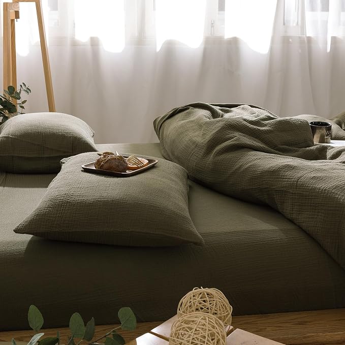 mixinni Olive Green Waffle Weave Duvet Cover Set Queen, 3-Piece 100% Natural - Image 3