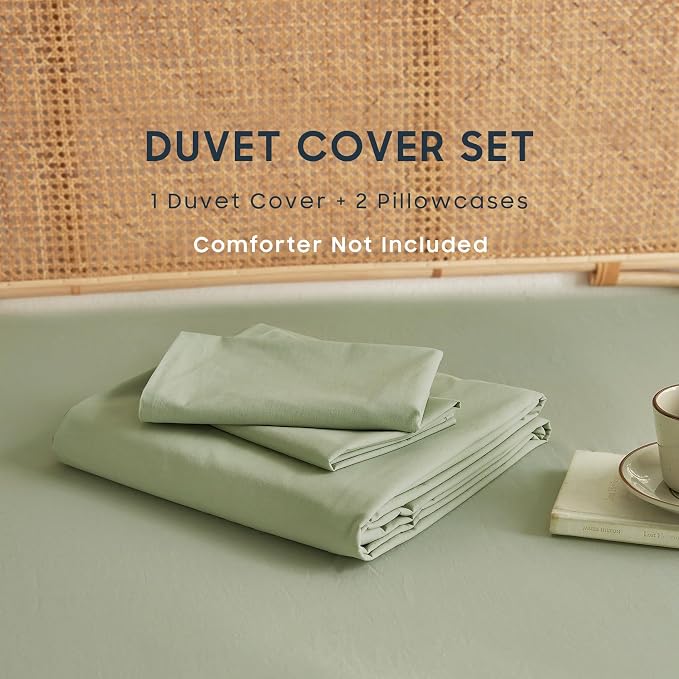Wake In Cloud - Cotton Duvet Cover Set, Twin Size, Sage Green, 100% Washed - Image 2