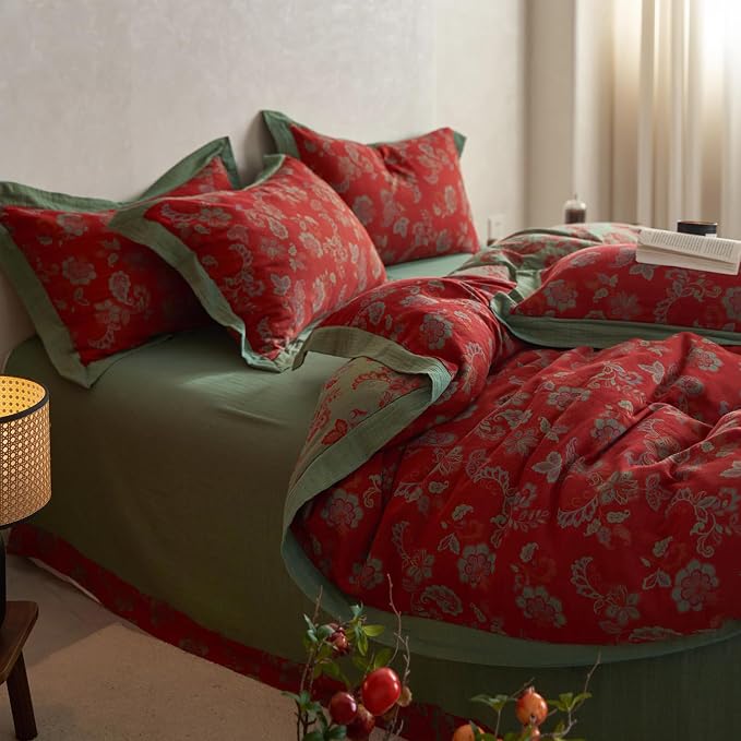 mixinni Exquisite Vintage Red Floral Duvet Cover Queen Size Yarn-Dyed Jacquard - Image 2