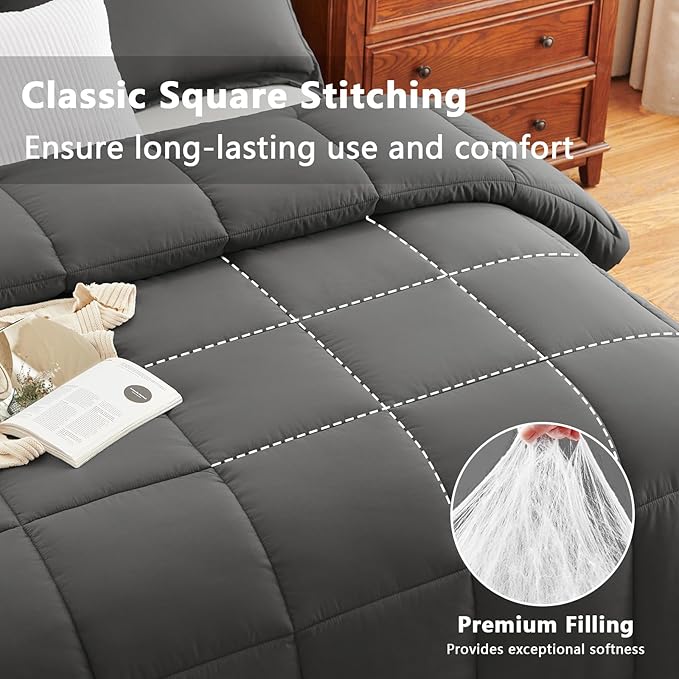 CozyLux Oversized King Comforter Set, 3 Pieces Dark Grey 120x98 Box Stitched - Image 2