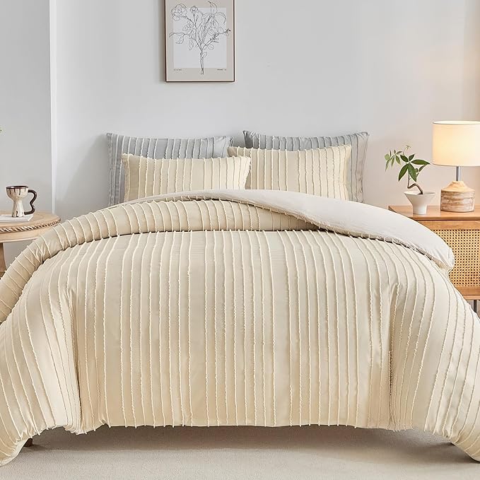 WARMDERN Khaki Boho Duvet Cover Twin Size, Striped Textured Duvet Cover Tufted by WARMDERN