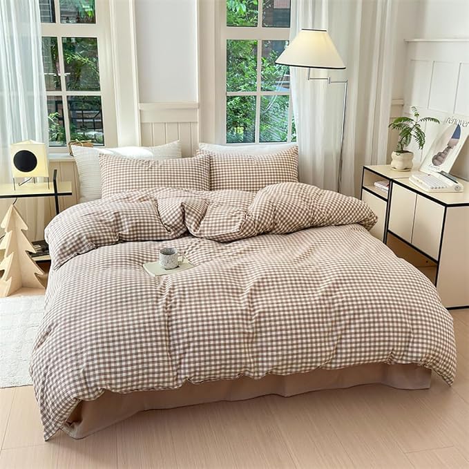 Nayoroom Brown Gingham Duvet Cover King Size Tan White Plaid Checkered Duvet - Image 2