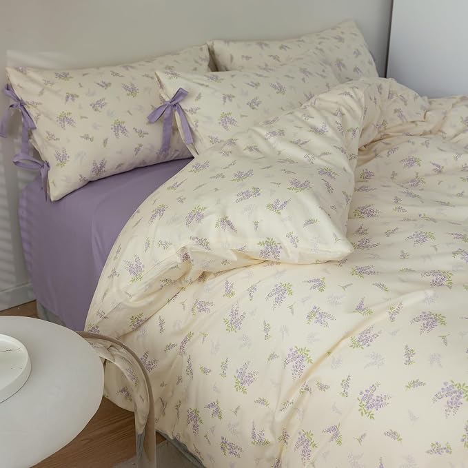 mixinni Lavender Flower Duvet Cover Queen Cotton Teenage Girls Flower Leaf by mixinni