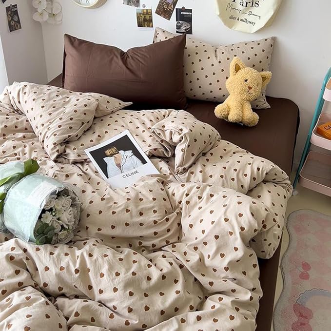 Nayoroom Brown Heart Duvet Cover Full Size Vintage Hearts Printed on Taupe - Image 4