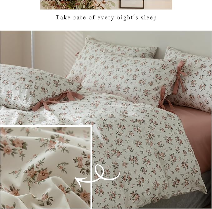 mixinni Vintage Style Girls Pale Pink Flower Pattern Duvet Cover Twin Soft - Image 6