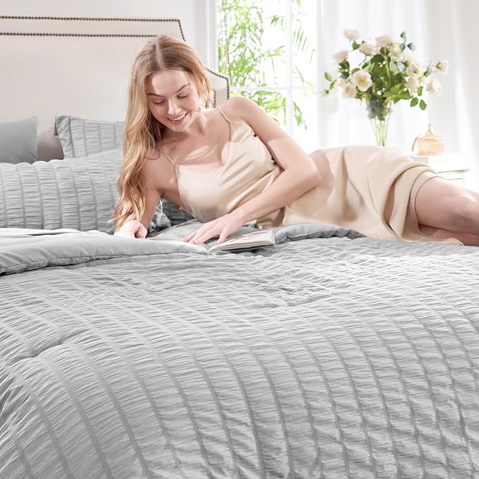 CozyLux Full Bed in a Bag Light Grey Seersucker Textured Comforter Set - Image 3