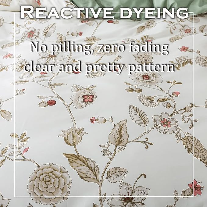 FADFAY Floral Bedding Set Twin 100% Cotton Shabby and Chic Beige Green - Image 5
