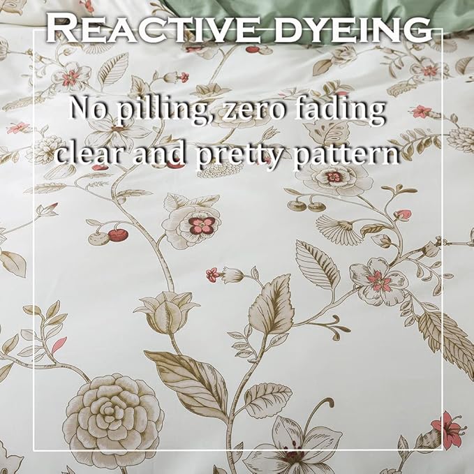 FADFAY Floral Bedding Set Queen 100% Cotton Shabby and Chic Beige Green - Image 5
