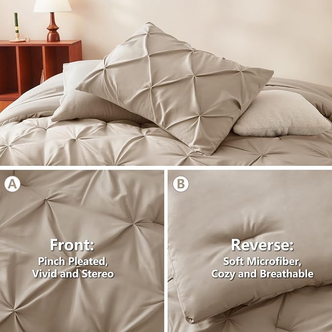 CozyLux Queen Comforter Set Wheat, 7 Pieces Pintuck Bed in A Bag, Premium Wheat - Image 3