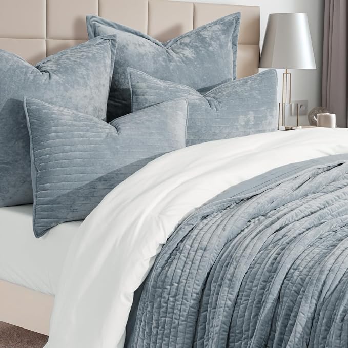 EVERGRACE Velvet Quilt Set Queen Size, Luxurious Soft Striped Channel Bedding - Image 4