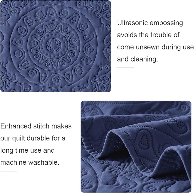 WURUIBO Navy Blue Quilt Set Twin Size, Embossing Microfiber Bedspreads - Image 5