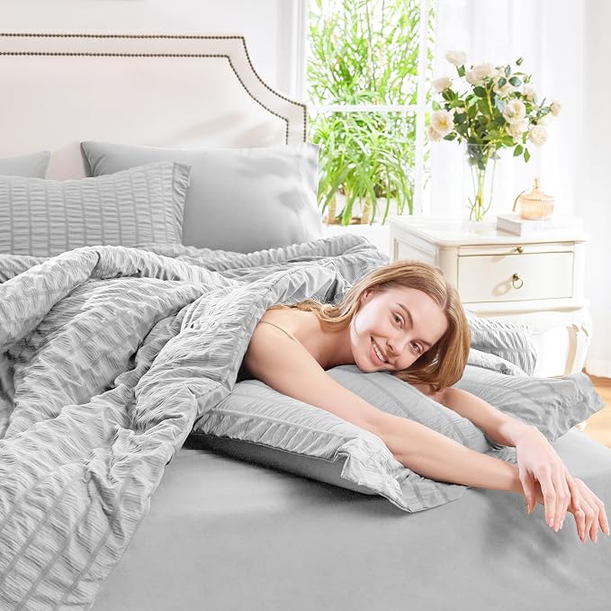 CozyLux Oversized King Comforter Set Light Grey Seersucker 7 Pieces 120x98 Bed - Image 7