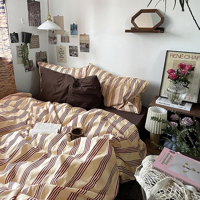 Nayoroom Striped Duvet Cover Full Size Vintage Brown Striped Duvet Cover 3 - Image 4