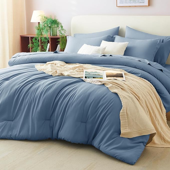 CozyLux Full Size Comforter Sets Grayish Blue, 7 Pieces Bed in a Bag Full by CozyLux