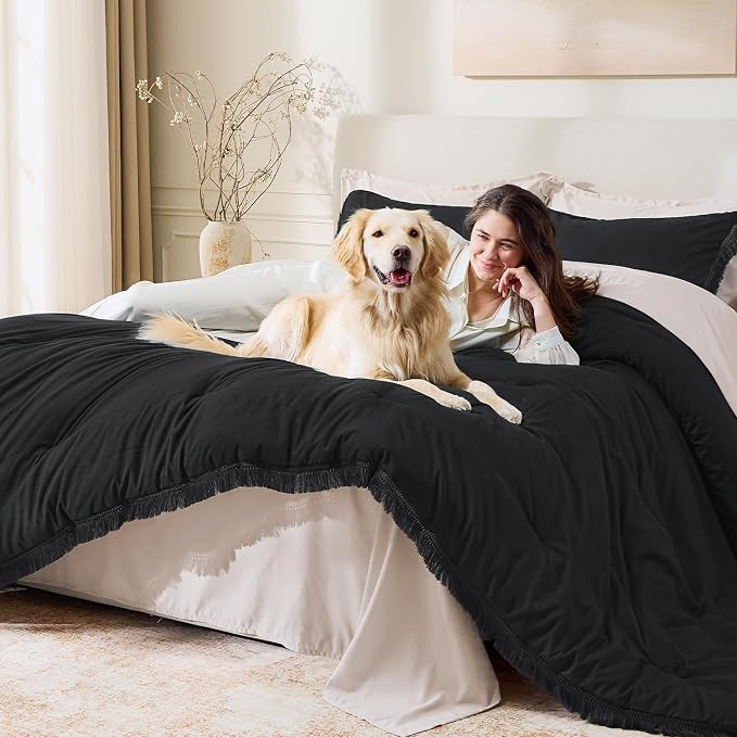 Andency Black Comforter Set California King, 3 Pieces Boho Tassel Lightweight - Image 3