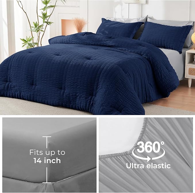 HYMOKEGE Navy Blue/Light Grey Twin Comforter Set Seersucker 5 Pieces, All - Image 6