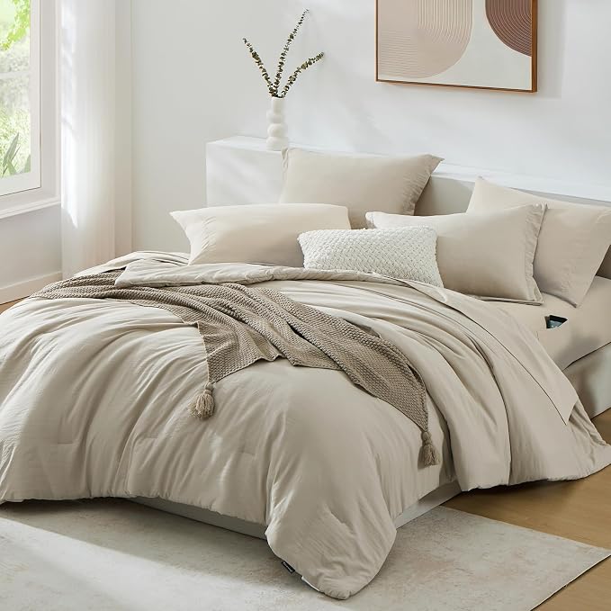 WRENSONGE Light Oatmeal Queen Comforter Set, 7 Pieces Soft Microfiber - Image 2
