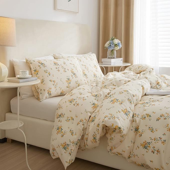 mixinni Aesthetic Floral Duvet Cover Set Twin Size, Farmhouse Boho Yellow - Image 2