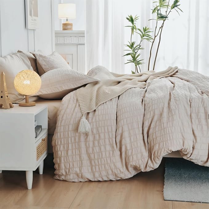 HYMOKEGE Beige Duvet Cover Full Size, Ultra Soft 3-Piece Seersucker Duvet Cover - Image 5
