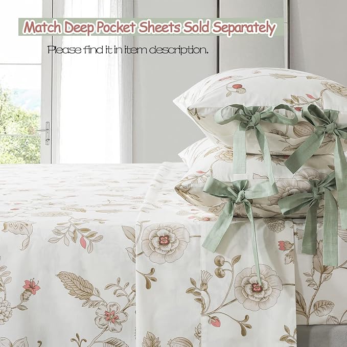 FADFAY Floral Bedding Set Twin 100% Cotton Shabby and Chic Beige Green - Image 6