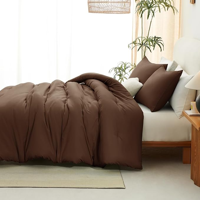 CozyLux King Size Comforter Set Brown, 3 Pieces Solid Comforters King Size - Image 9
