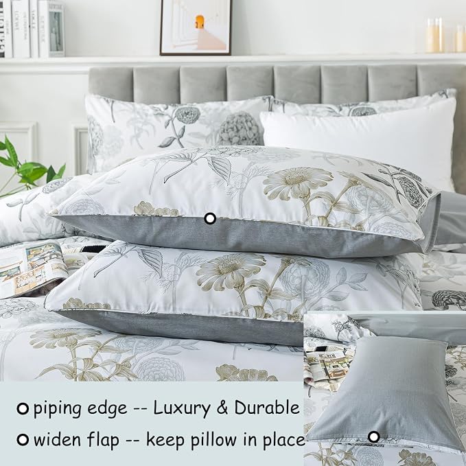 FADFAY Floral Duvet Cover Sets Queen Size 100% Cotton Ink Grey Vintage Flower - Image 4