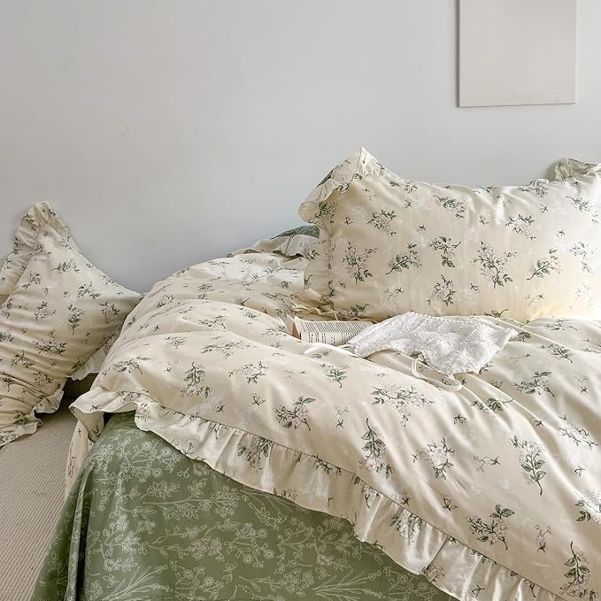 MKXI Botanical Floral Duvet Cover Twin XL Beige Girls Floral Ruffled Bedding - Image 8