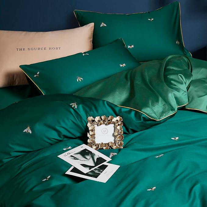 mixinni Dark Green Duvet Cover Full Size, 100% Long Staple Cotton Honeybee - Image 3