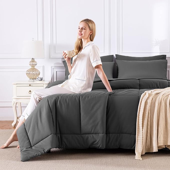 CozyLux Oversized King Comforter Sets Dark Grey, 7 Pieces Bed in a Bag - Image 7