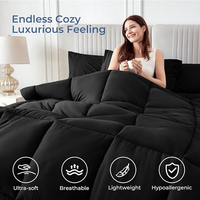 Sasttie Full Size Comforter Sets Black, 7 Pieces Bed in a Bag Full, Complete - Image 2