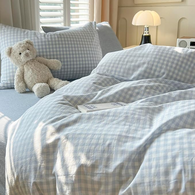 mixinni Light Blue Gingham Duvet Cover Set Twin XL Size - Image 6