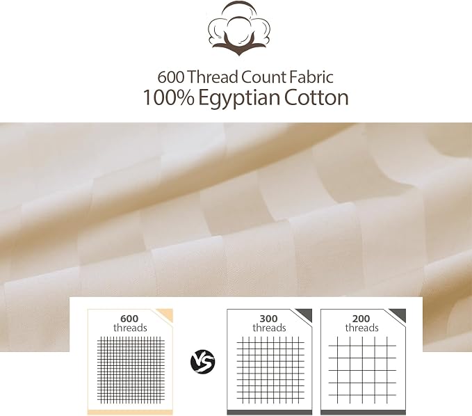 King Size Striped Fitted Sheet Only Beige Color, 100% Egyptian Cotton 600 - Image 3