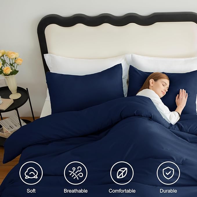 CozyLux Queen Comforter Set Navy Blue, 3 Pieces Solid Comforters Queen Size - Image 4