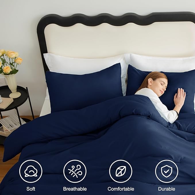 CozyLux Navy Blue King Size Comforter Set, 3 Pieces Solid Breathable Quilted - Image 4