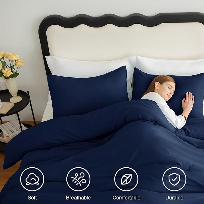 CozyLux Oversized King Comforter Set Navy Blue, 3 Pieces 120x98 Solid - Image 5