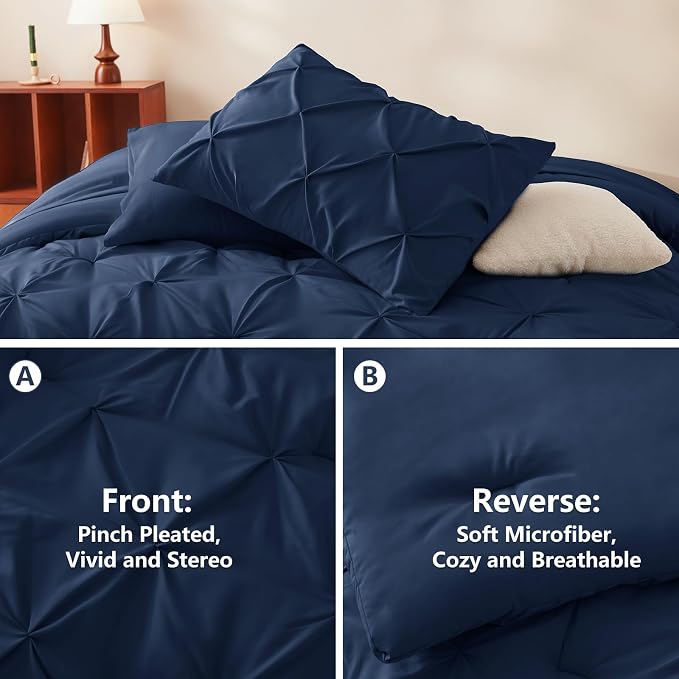 CozyLux Queen Comforter Set Navy Blue, 7 Pieces Pintuck Bed in A Bag, Premium - Image 3