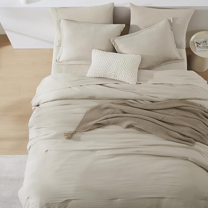 WRENSONGE Full Size Comforter Sets- 7 Pieces Soft Light Oatmeal Bed in a Bag - Image 4