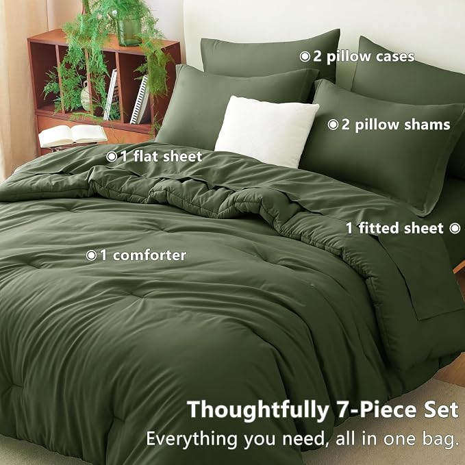 CozyLux King Size Comforter Set Olive Green, 7 Pieces Bed in a Bag King - Image 6