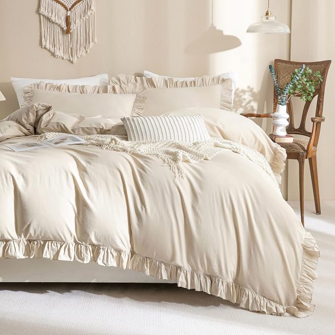 QSH Washed Cotton Queen Duvet Cover Set Ruffle Duvet Cover Linen Textured by QSH